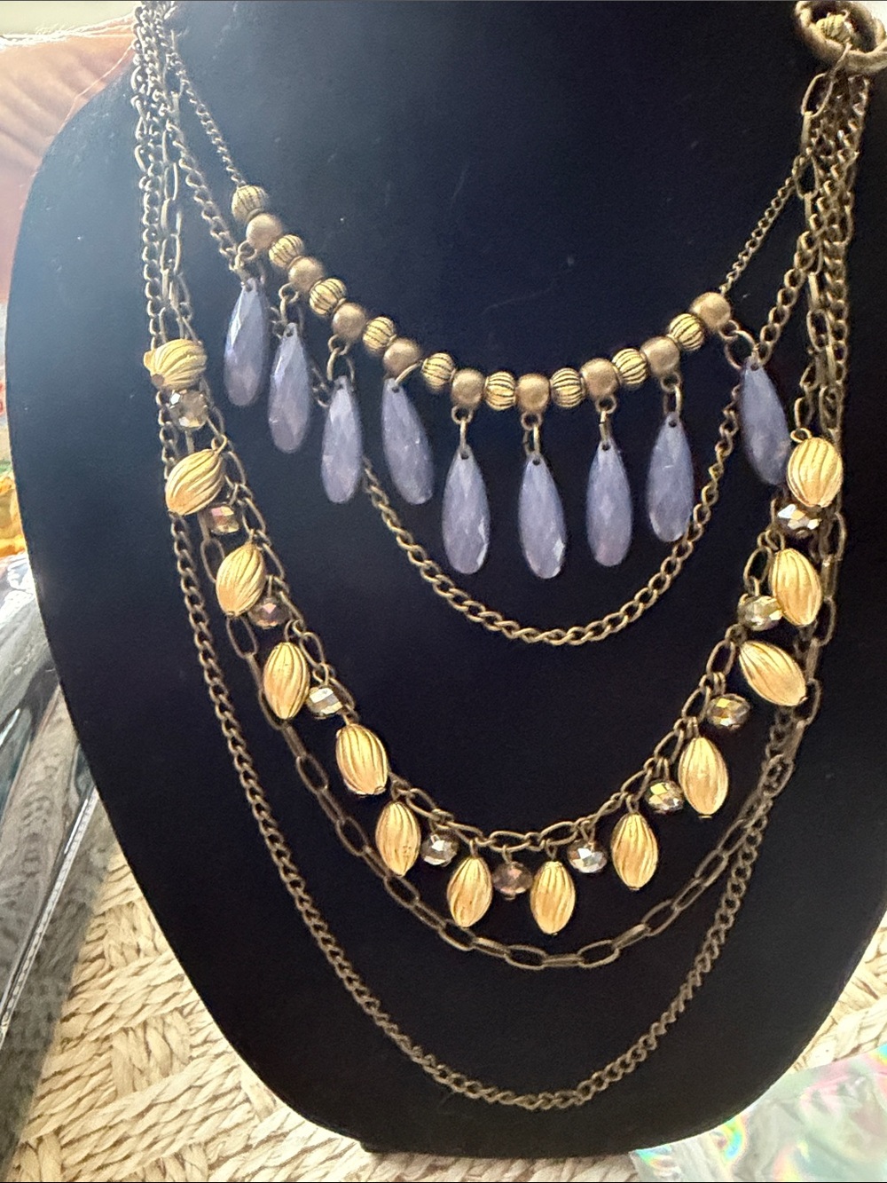 Layered Gold-Tone Necklace with Navy Teardrop Accents